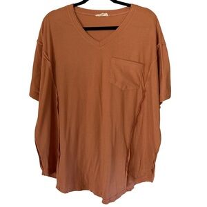 Ribbed V-Neck Pocket Tee – Rust / Clay Brown – Oversized Fit